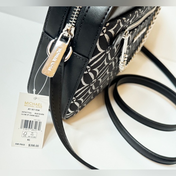 Michael Kors Jet Set Travel Chain Crossbody Bag Graphic Logo Black Silver - Picture 12 of 12